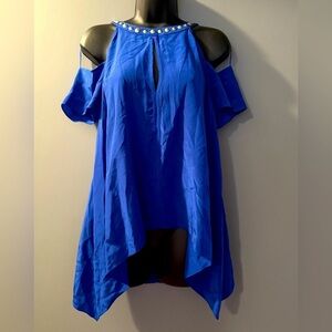 BCBG 100% Silk Sapphire Blue Peekaboo Shoulders Studded Neckline Womens Sz M NWT